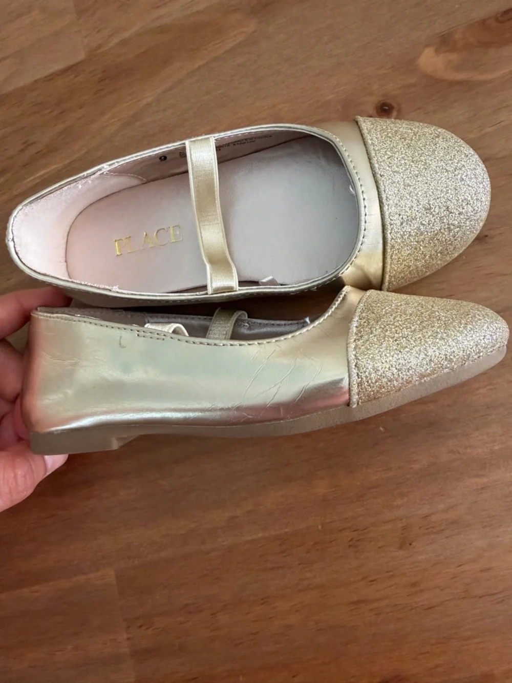 Place Girls Gold Glitter Strap Dress Flats Size 9